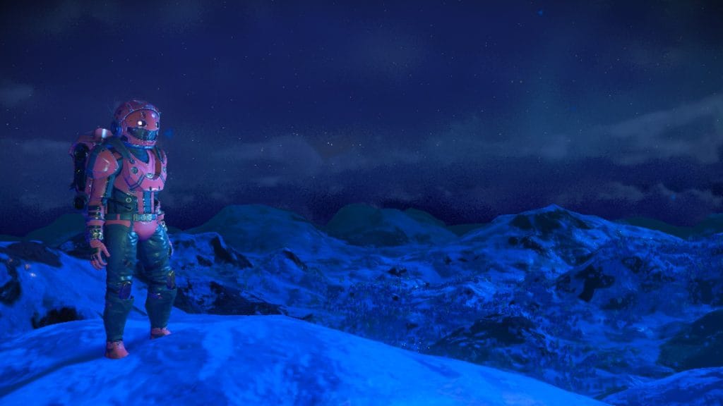 No Man's Skyで雪の惑星から星空を眺めるプレイヤー