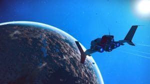 No Man's Skyのスクリーンショット。惑星の軌道上を飛ぶ宇宙船